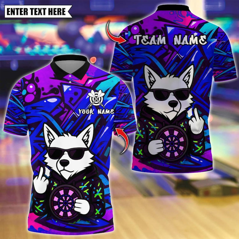 Personalized Name Dart Polo Shirt, Darts Wolf Graffiti Style Design ,Custom Team Shirt for Men, Gift for Darts Players