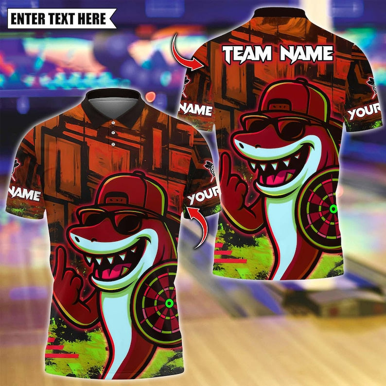 Personalized Name Dart Polo Shirt, Darts Shark Graffiti Style Multicolor Design ,Custom Team Shirt for Men, Gift for Darts Players
