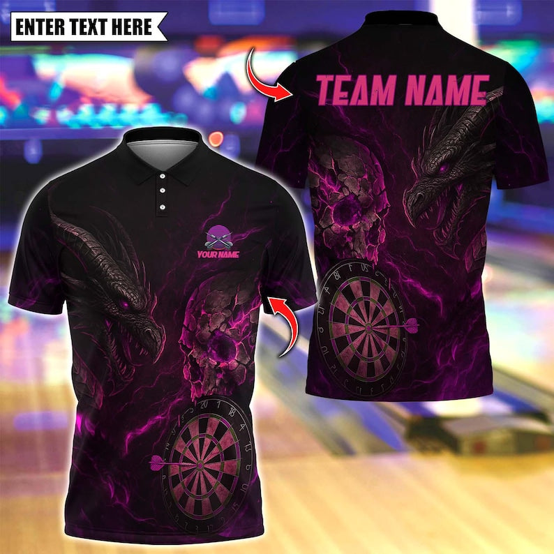 Personalized Name Dart Polo Shirt, Dark Vibes Mystery Skull Design ,Custom Team Shirt for Men, Gift for Darts Players