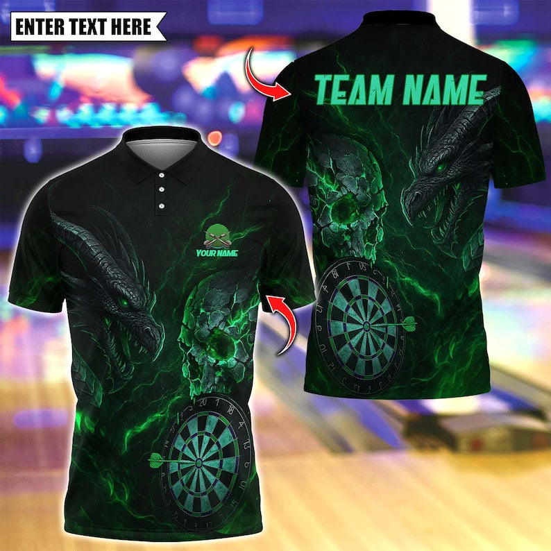 Personalized Name Dart Polo Shirt, Dark Vibes Mystery Skull Design ,Custom Team Shirt for Men, Gift for Darts Players