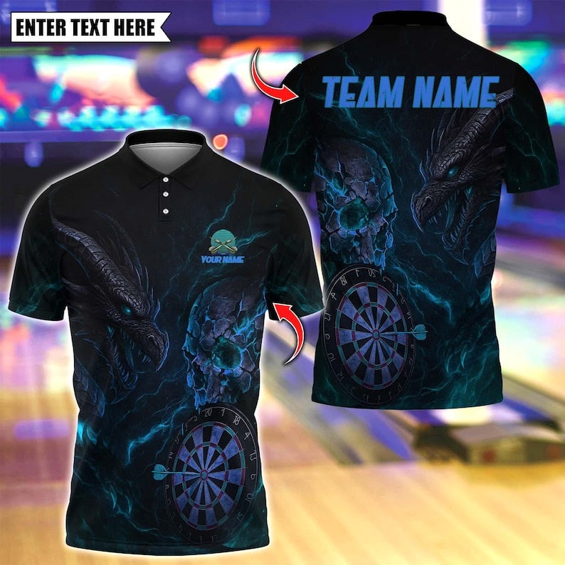 Personalized Name Dart Polo Shirt, Dark Vibes Mystery Skull Design ,Custom Team Shirt for Men, Gift for Darts Players