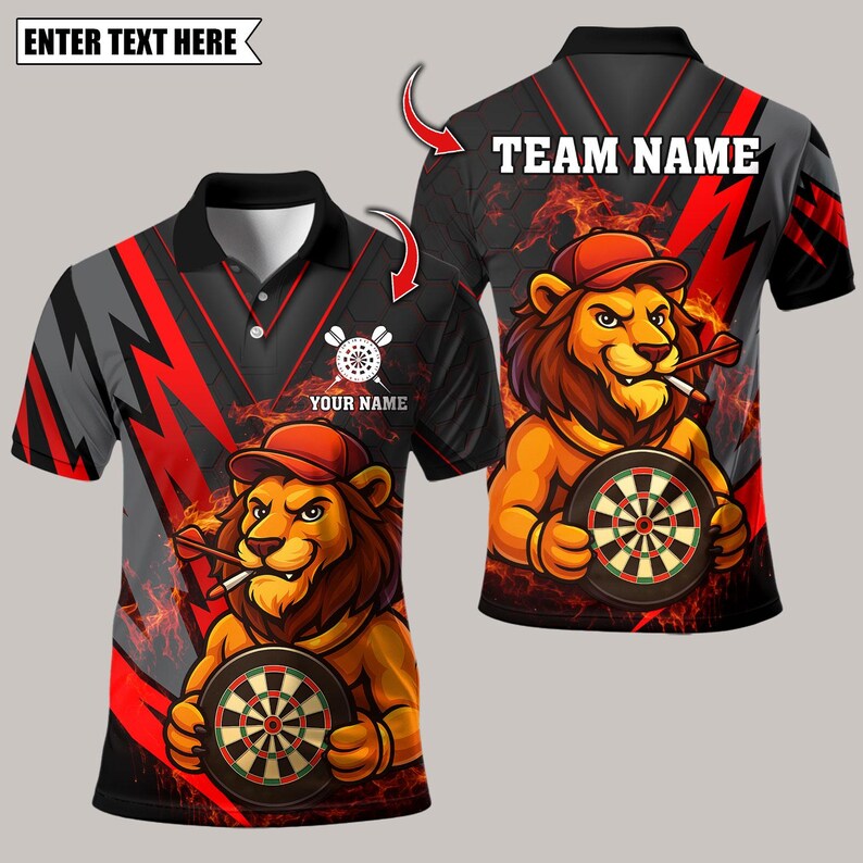 Personalized Name Dart Polo Shirt, Darts Lion Design ,Custom Team Shirt for Men, Gift for Darts Players