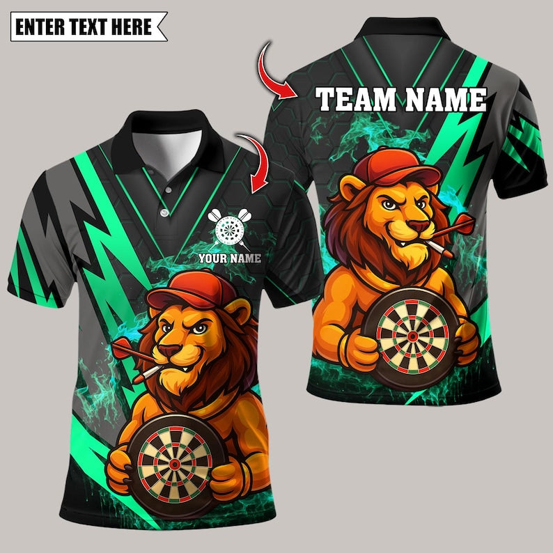 Personalized Name Dart Polo Shirt, Darts Lion Design ,Custom Team Shirt for Men, Gift for Darts Players