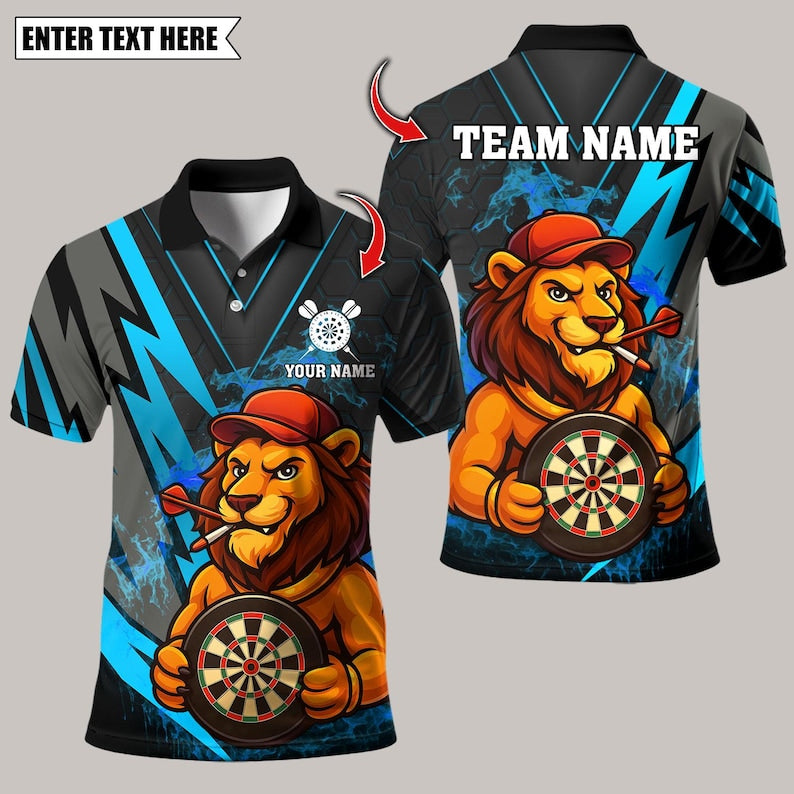 Personalized Name Dart Polo Shirt, Darts Lion Design ,Custom Team Shirt for Men, Gift for Darts Players