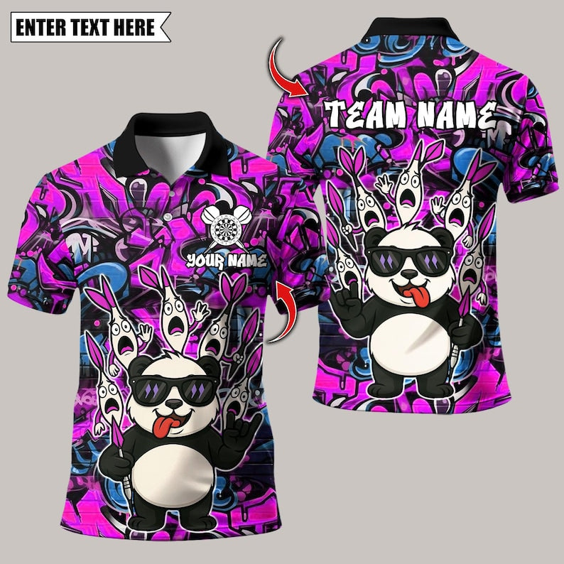 Personalized Name Dart Polo Shirt, Panda Cool Style Multicolor Options Design ,Custom Team Shirt for Men, Gift for Darts Players