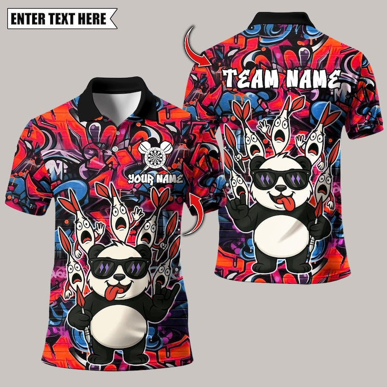 Personalized Name Dart Polo Shirt, Panda Cool Style Multicolor Options Design ,Custom Team Shirt for Men, Gift for Darts Players