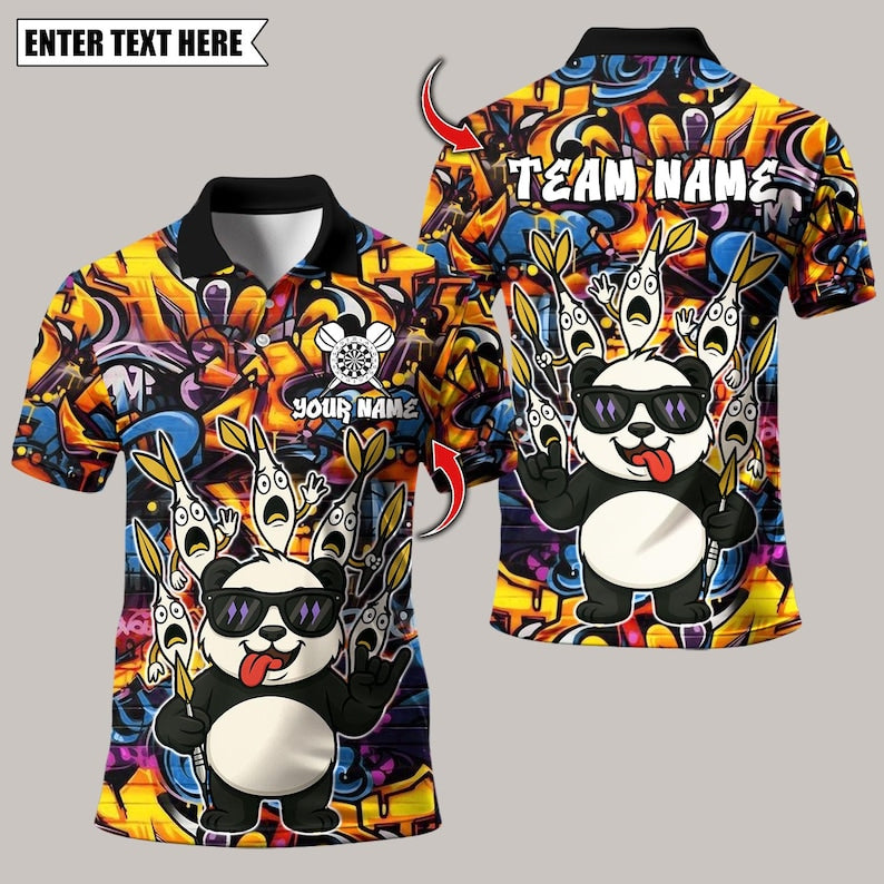 Personalized Name Dart Polo Shirt, Panda Cool Style Multicolor Options Design ,Custom Team Shirt for Men, Gift for Darts Players
