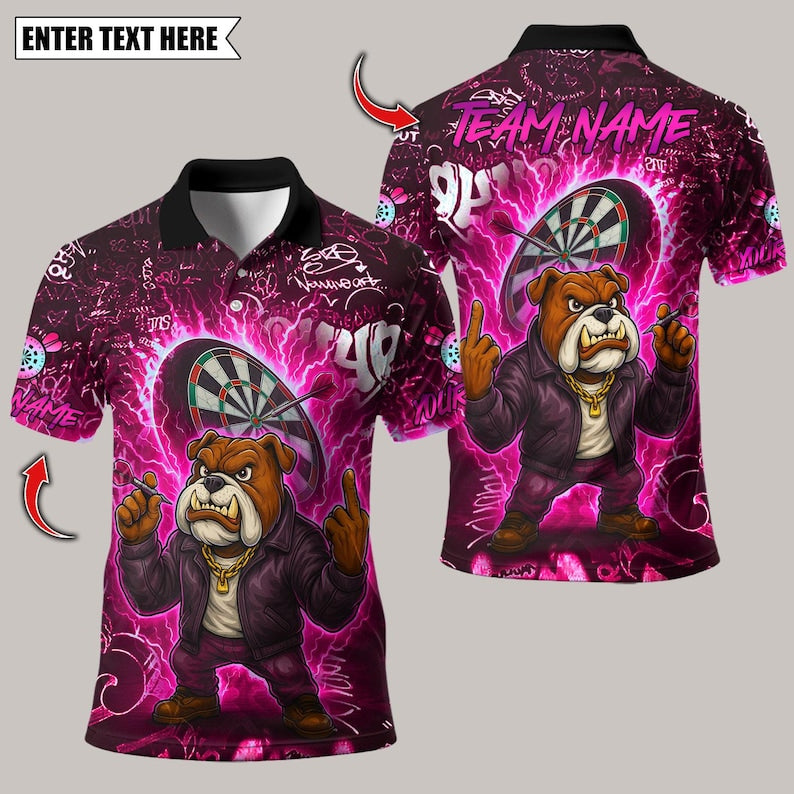 Personalized Name Dart Polo Shirt, Bulldog Fire Flames Multicolor Options Design ,Custom Team Shirt for Men, Gift for Darts Players