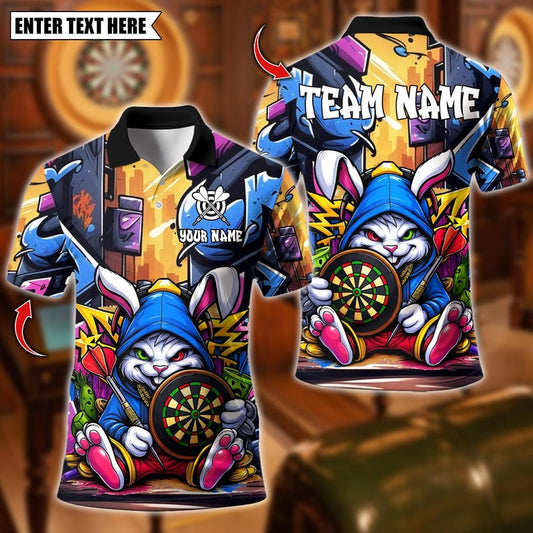 Personalized Name Dart Polo Shirt, Cool Bunny Street Style Graffiti With Dartboard Design ,Custom Team Shirt for Men, Gift for Darts Players