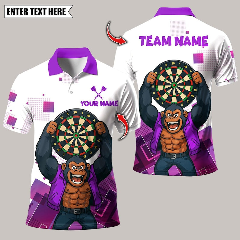Personalized Name Dart Polo Shirt, Gorilla King Rebel Attitude Multicolor Design ,Custom Team Shirt for Men, Gift for Darts Players