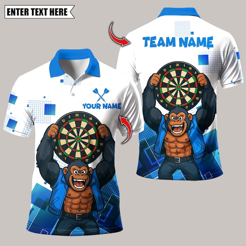 Personalized Name Dart Polo Shirt, Gorilla King Rebel Attitude Multicolor Design ,Custom Team Shirt for Men, Gift for Darts Players