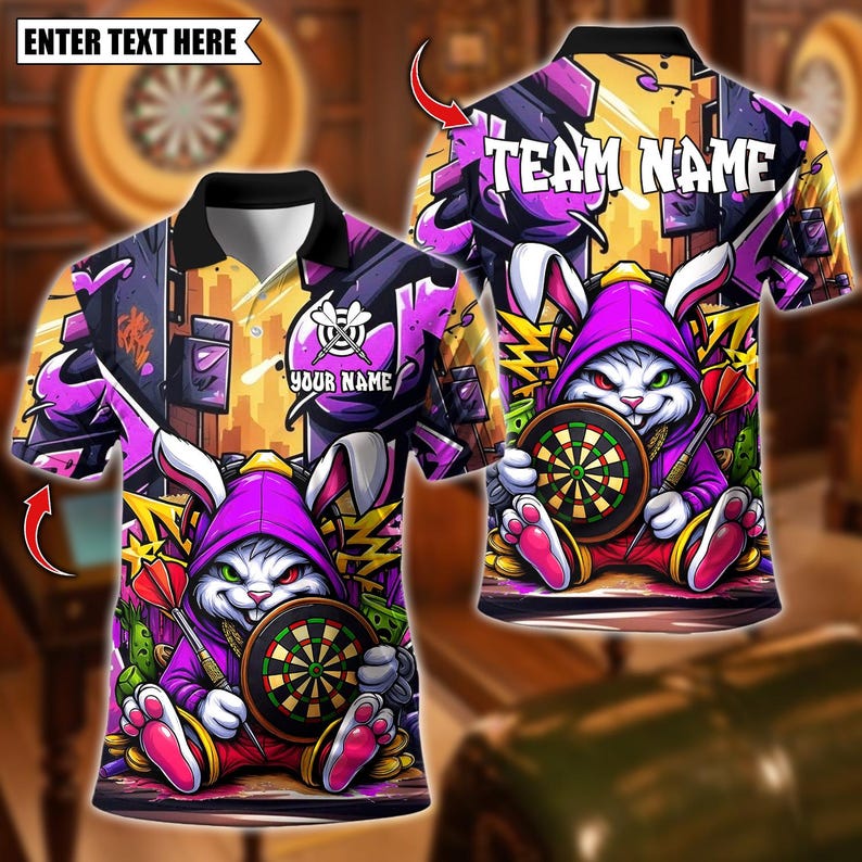 Personalized Name Dart Polo Shirt, Cool Bunny Street Style Graffiti With Dartboard Design ,Custom Team Shirt for Men, Gift for Darts Players