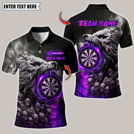 Personalized Name Dart Polo Shirt, Wolf And Skull Dartboard Design ,Custom Team Shirt for Men, Gift for Darts Players