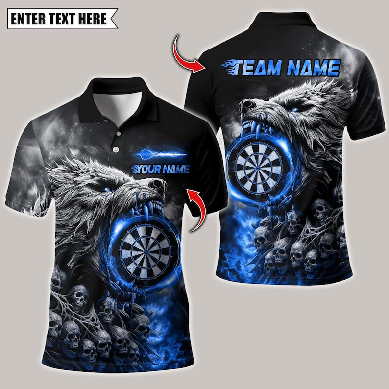 Personalized Name Dart Polo Shirt, Wolf And Skull Dartboard Design ,Custom Team Shirt for Men, Gift for Darts Players