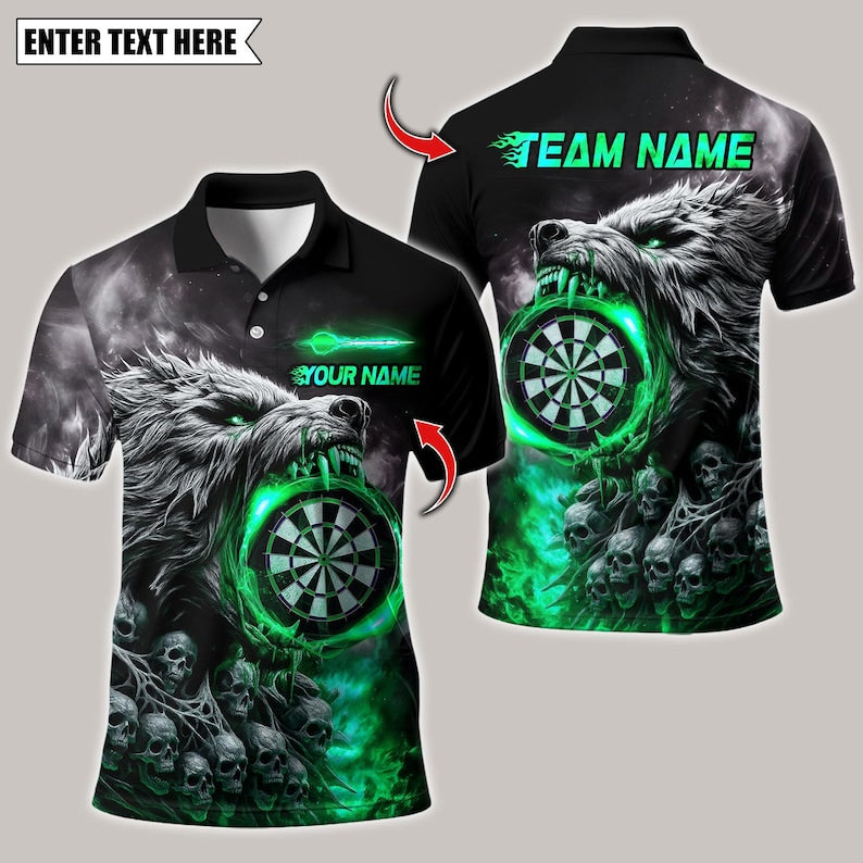 Personalized Name Dart Polo Shirt, Wolf And Skull Dartboard Design ,Custom Team Shirt for Men, Gift for Darts Players