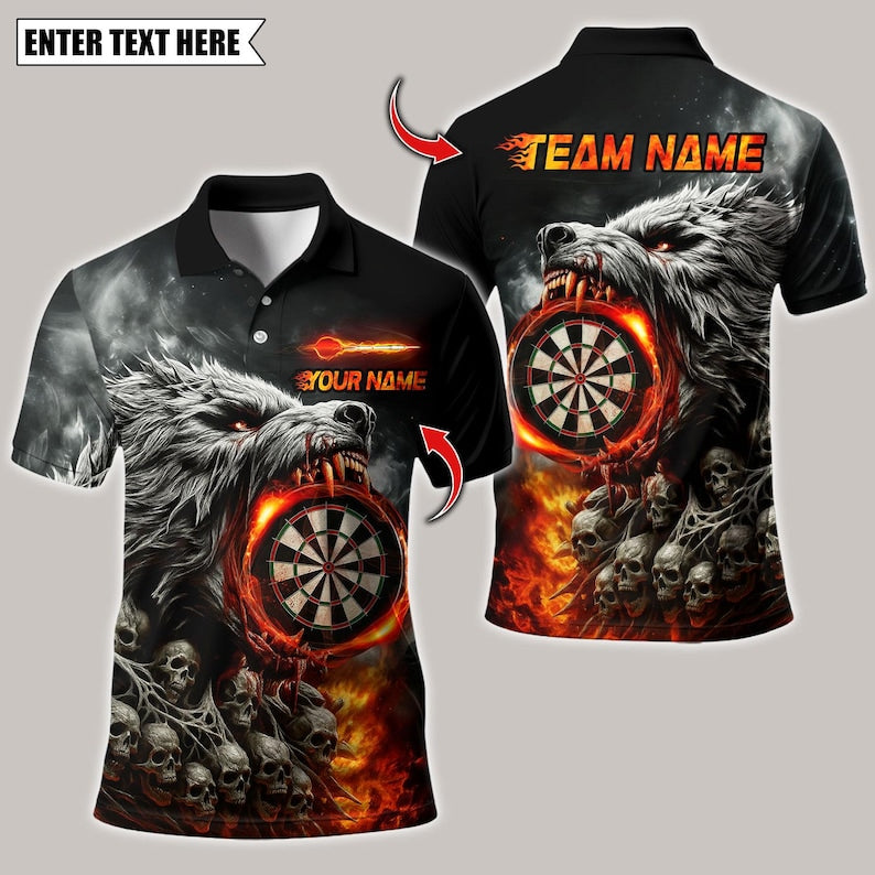 Personalized Name Dart Polo Shirt, Wolf And Skull Dartboard Design ,Custom Team Shirt for Men, Gift for Darts Players