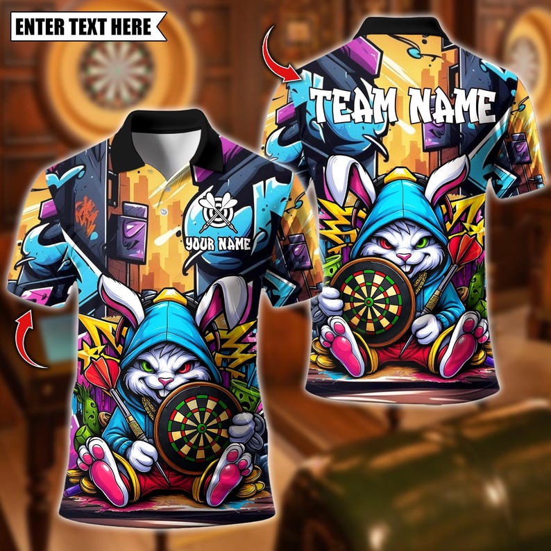 Personalized Name Dart Polo Shirt, Cool Bunny Street Style Graffiti With Dartboard Design ,Custom Team Shirt for Men, Gift for Darts Players