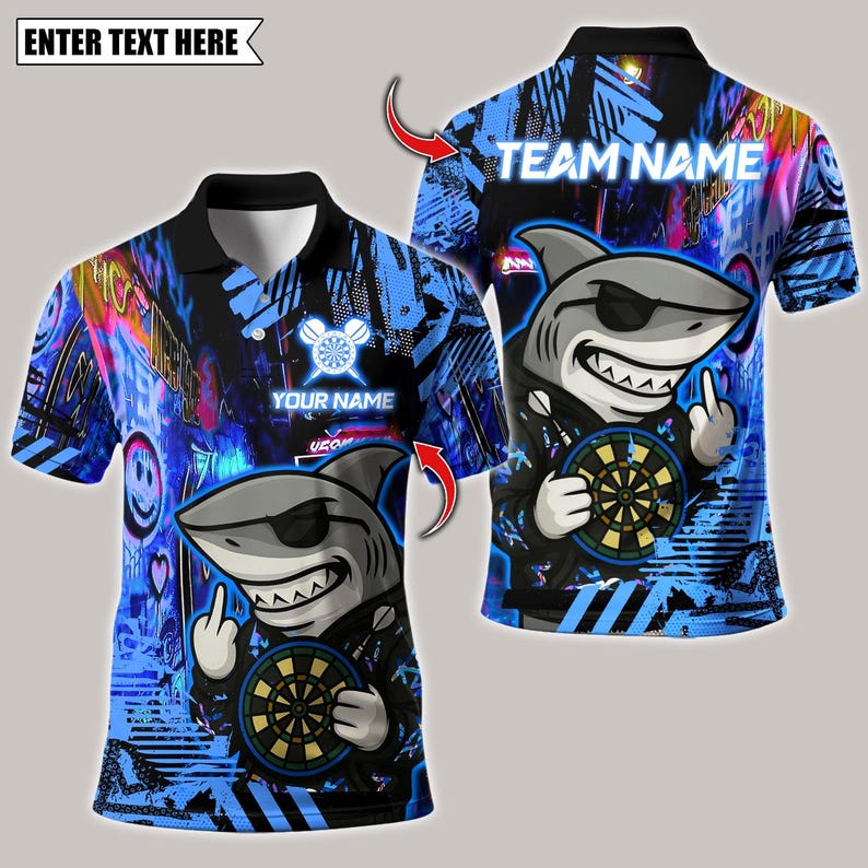 Personalized Name Dart Polo Shirt, Darts Shark Graffiti Style Multicolor Design ,Custom Team Shirt for Men, Gift for Darts Players