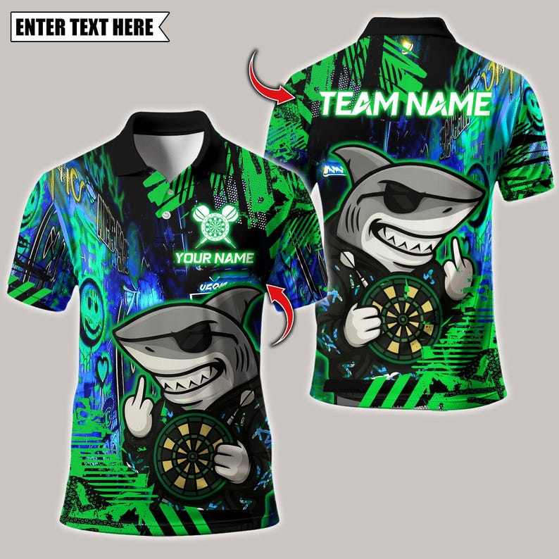 Personalized Name Dart Polo Shirt, Darts Shark Graffiti Style Multicolor Design ,Custom Team Shirt for Men, Gift for Darts Players