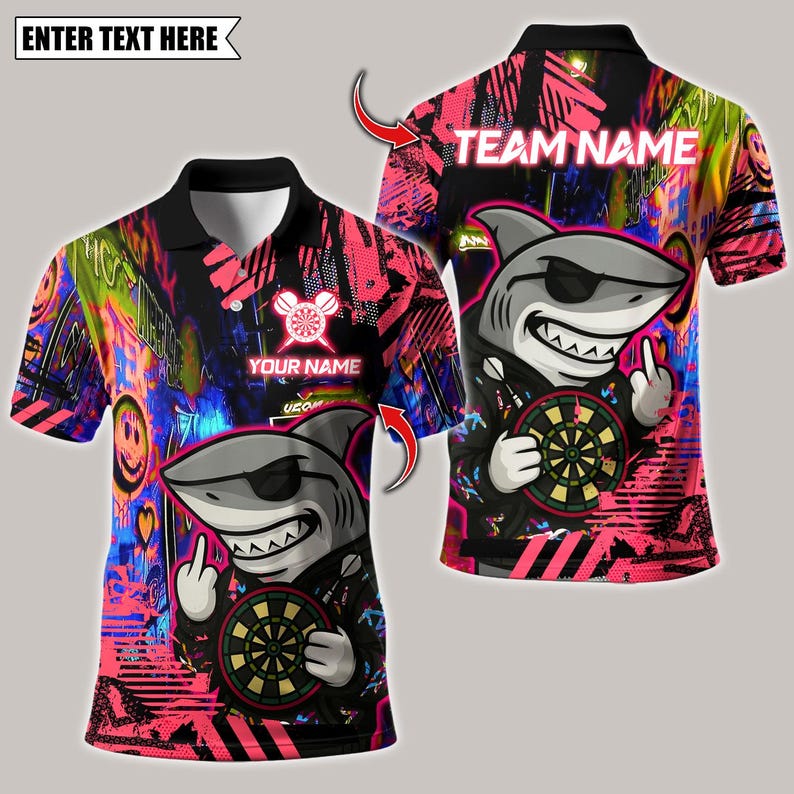 Personalized Name Dart Polo Shirt, Darts Shark Graffiti Style Multicolor Design ,Custom Team Shirt for Men, Gift for Darts Players