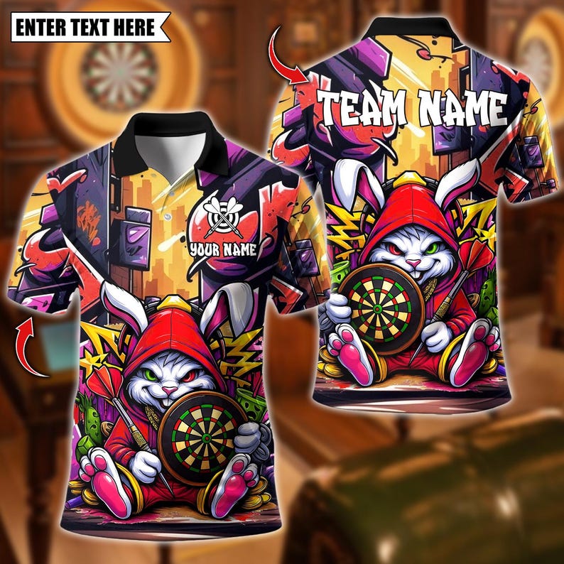 Personalized Name Dart Polo Shirt, Cool Bunny Street Style Graffiti With Dartboard Design ,Custom Team Shirt for Men, Gift for Darts Players