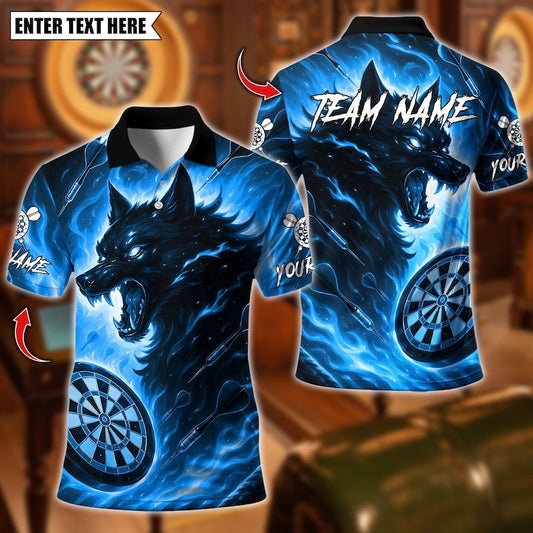 Personalized Name Dart Polo Shirt, Darts Flame Wolf Dartboard Design ,Custom Team Shirt for Men, Gift for Darts Players