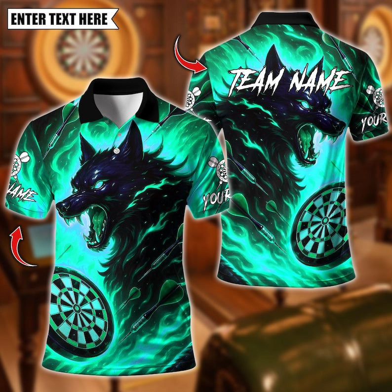 Personalized Name Dart Polo Shirt, Darts Flame Wolf Dartboard Design ,Custom Team Shirt for Men, Gift for Darts Players