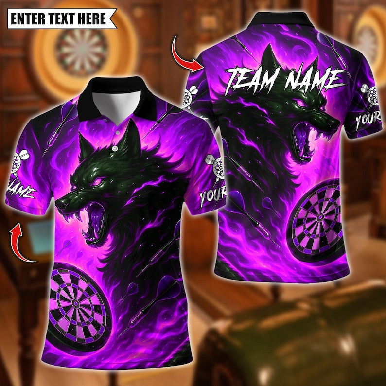 Personalized Name Dart Polo Shirt, Darts Flame Wolf Dartboard Design ,Custom Team Shirt for Men, Gift for Darts Players