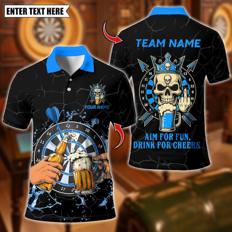 Personalized Name Dart Polo Shirt, Darts & Beer Aim for Fun Design ,Custom Team Shirt for Men, Gift for Darts Players