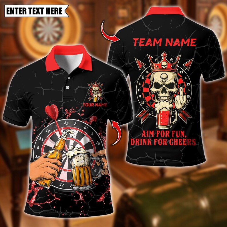 Personalized Name Dart Polo Shirt, Darts & Beer Aim for Fun Design ,Custom Team Shirt for Men, Gift for Darts Players