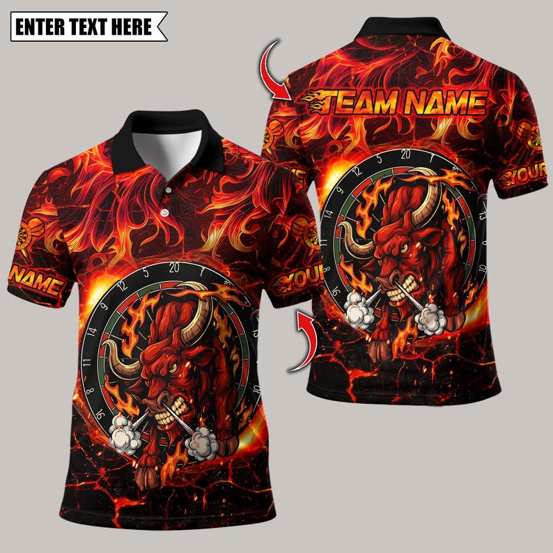 Personalized Name Dart Polo Shirt, Darts Fire Red Bull Design ,Custom Team Shirt for Men, Gift for Darts Players