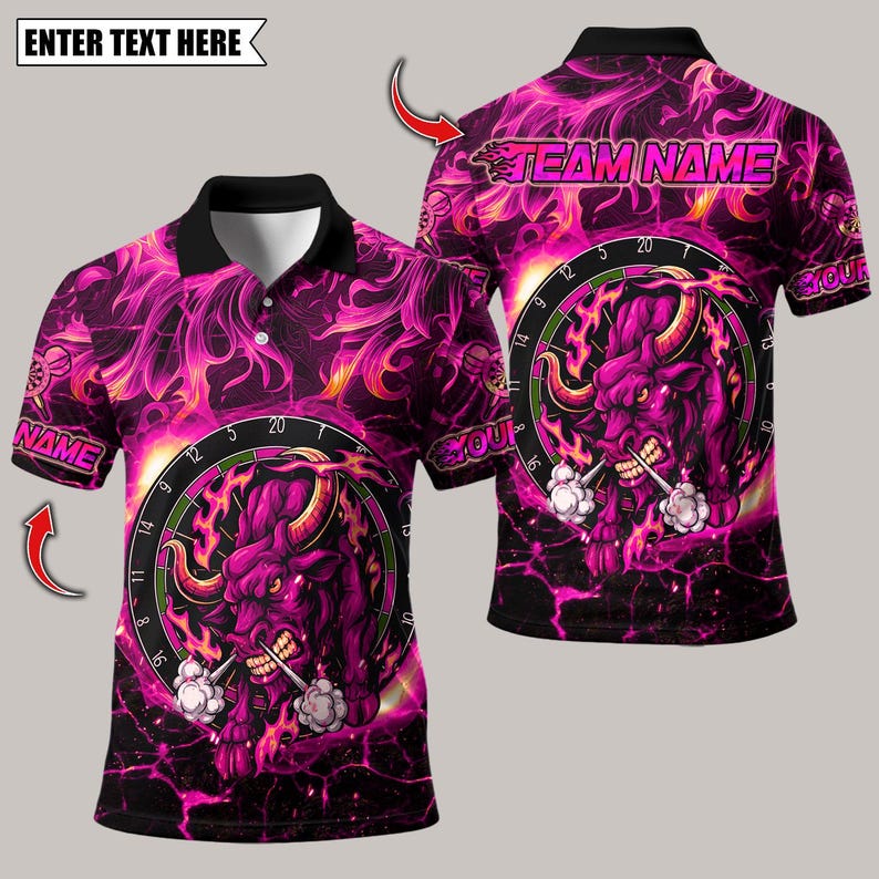 Personalized Name Dart Polo Shirt, Darts Fire Red Bull Design ,Custom Team Shirt for Men, Gift for Darts Players