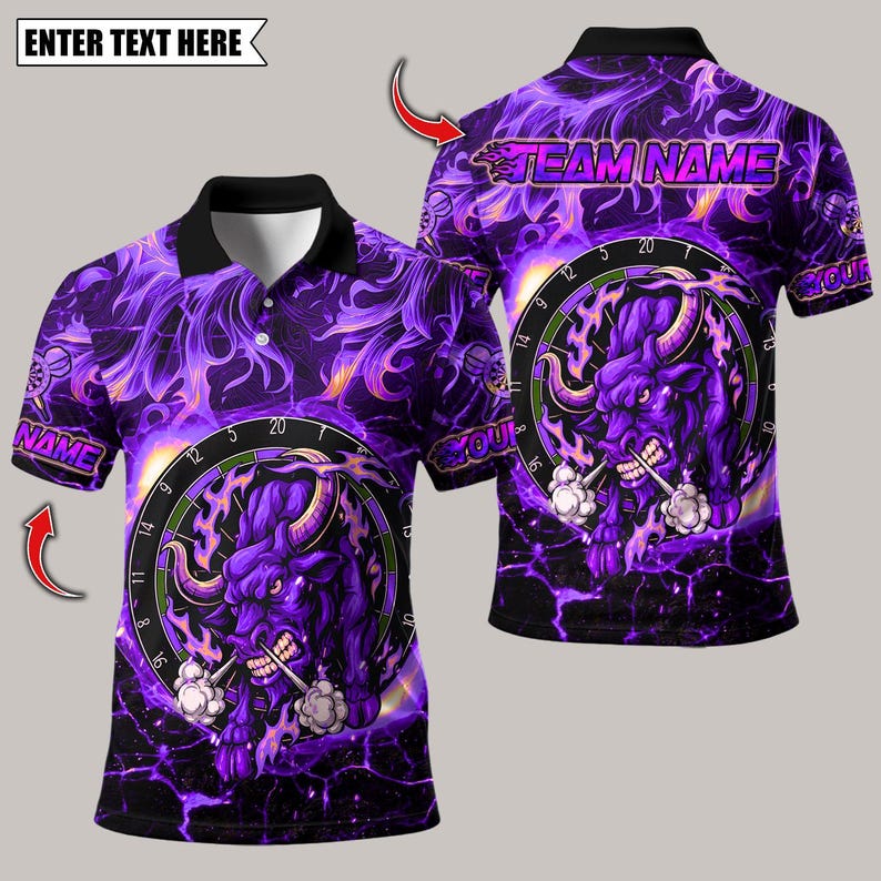 Personalized Name Dart Polo Shirt, Darts Fire Red Bull Design ,Custom Team Shirt for Men, Gift for Darts Players