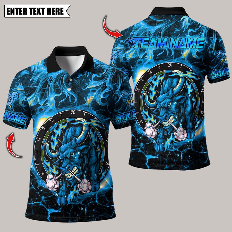 Personalized Name Dart Polo Shirt, Darts Fire Red Bull Design ,Custom Team Shirt for Men, Gift for Darts Players