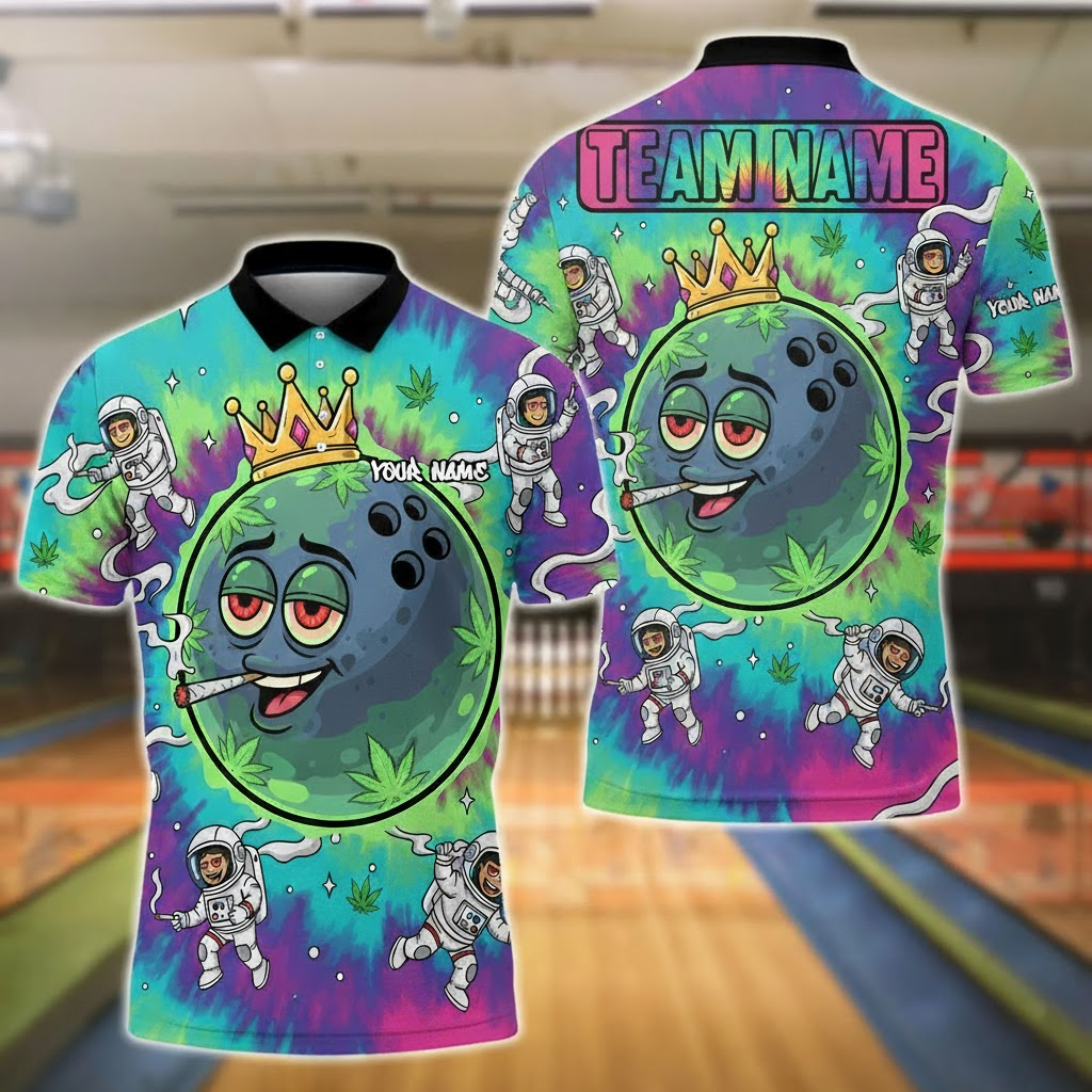 Bowling Polo Shirt, Neon Robot Ball with Cannabis Leaves, Customized Name, Team Name 3D Shirt