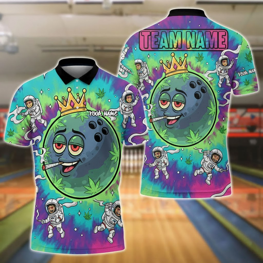 Bowling Polo Shirt, Neon Robot Ball with Cannabis Leaves, Customized Name, Team Name 3D Shirt