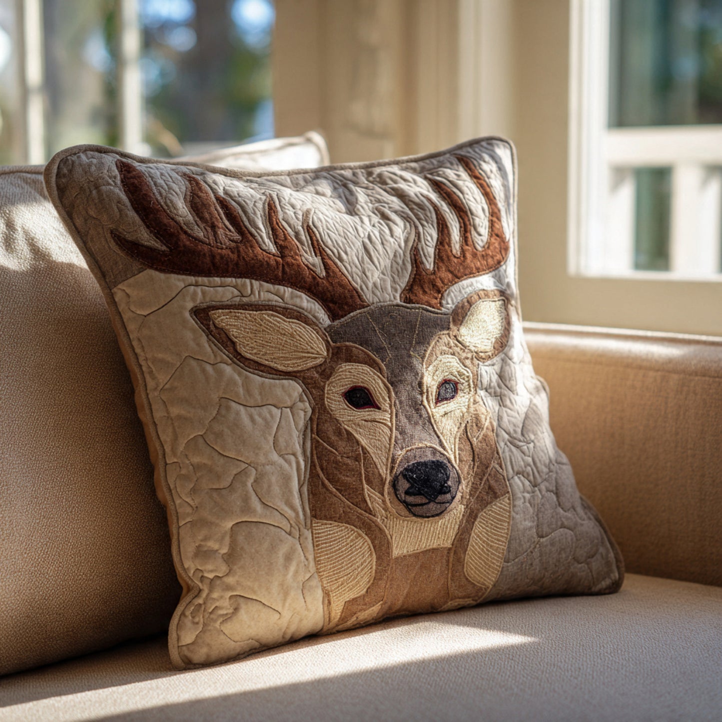 Rustic Buck Quilted Throw Pillow — Embroidered Antlers, Woodland Neutral Decor