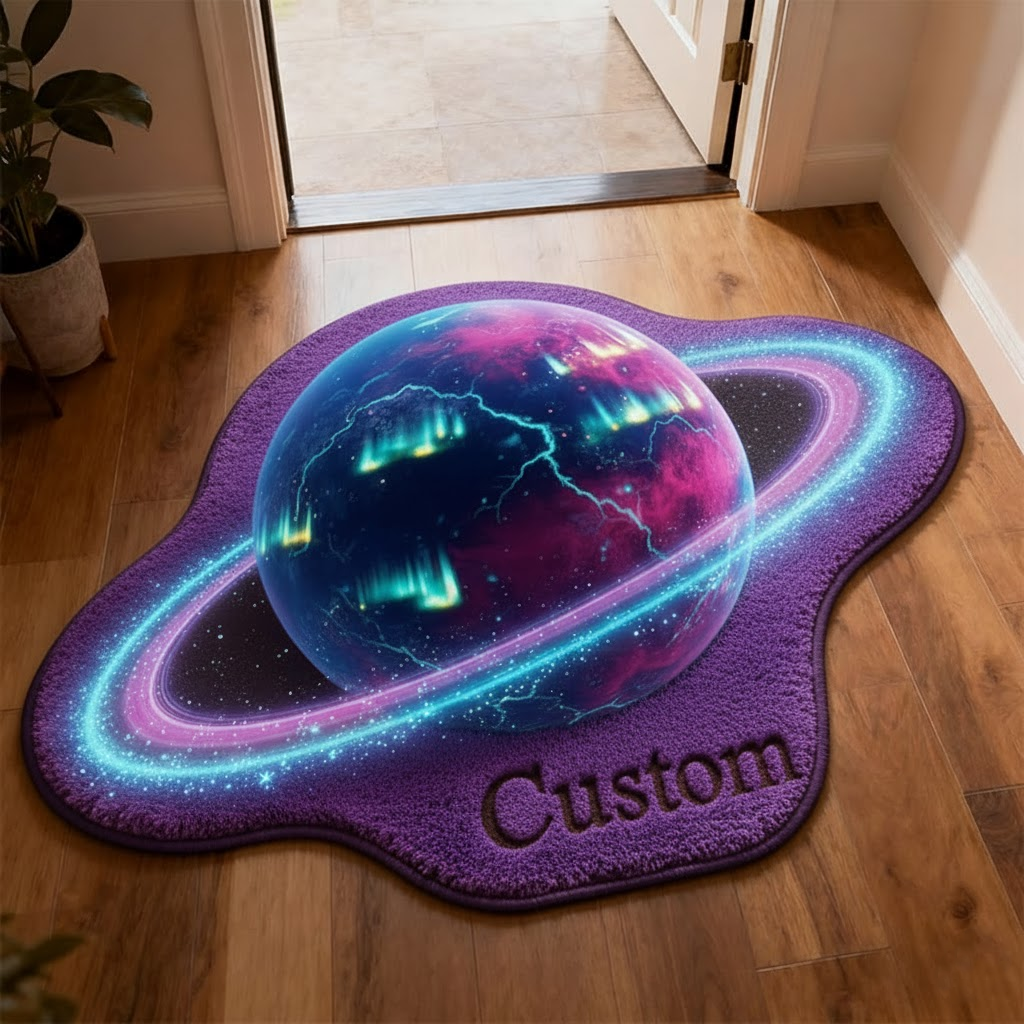 Aurora Nebula Planet 3D Rug — Electric Rings on Purple — Personalized