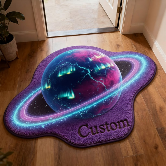 Aurora Nebula Planet 3D Rug — Electric Rings on Purple — Personalized