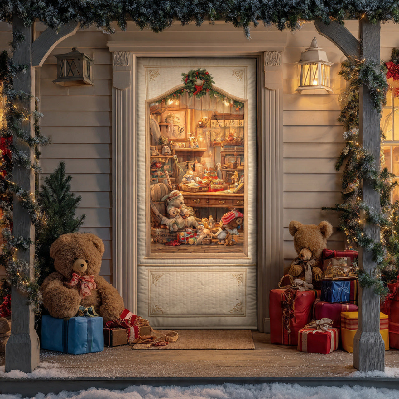 Teddy Bear Toy Shop Window — Quilted Christmas Front Door Cover, Holiday Porch Décor