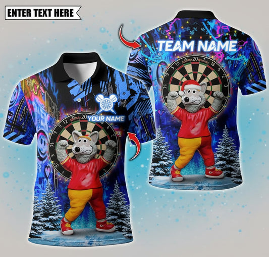 Snowy Wolf Mascot Darts Polo — Blue Graffiti Holiday — Personalized Team Jersey