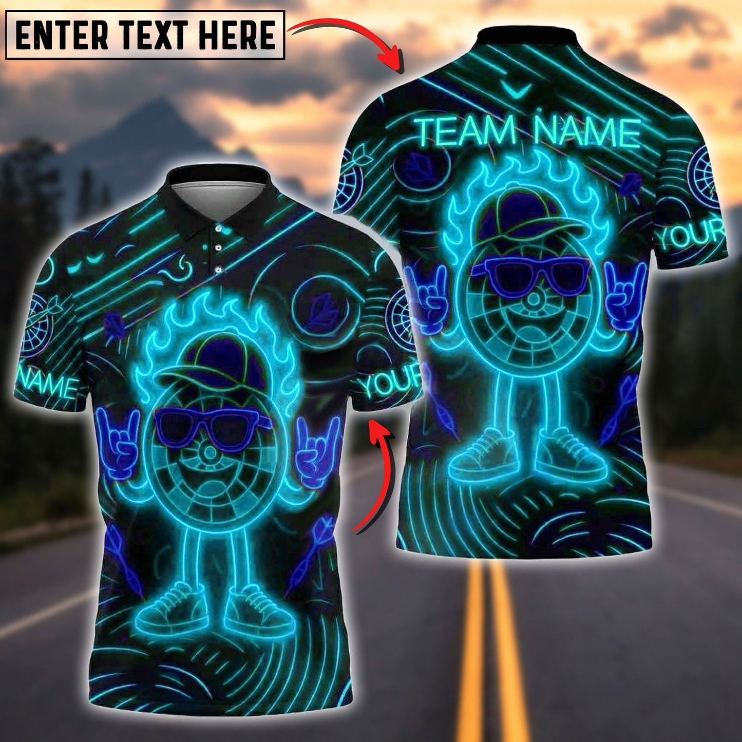 Darts Rock n' Roll Flaming Neon Cool Design Customized Name, Team Name 3D Shirt (4 Colors)