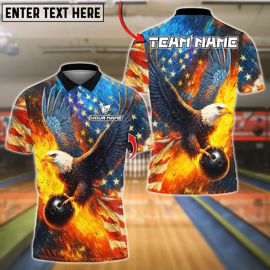 Bowling And Pins Sky Eagle US Flag Customized Name, Team Name 3D Shirt (4 Colors)