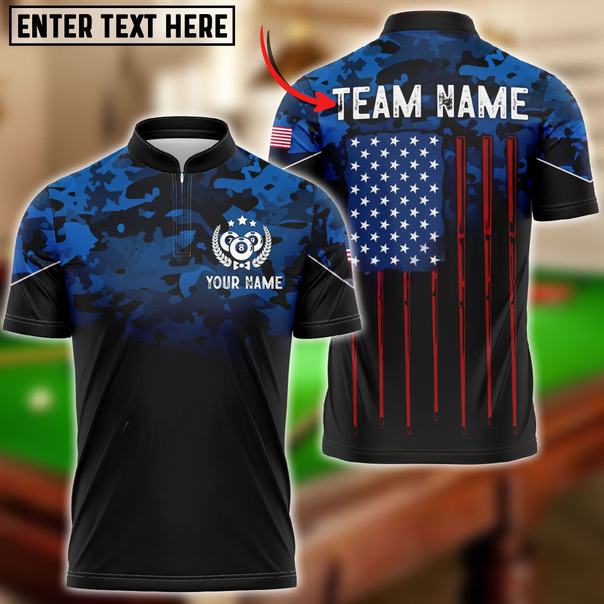 Billiard Navy US Flag Pattern Personalized Name, Team Name Unisex Shirt