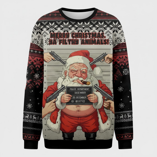 🎅 Merry Christmas Ya Filthy Animals Sweater – Santa Mugshot Funny Xmas Jumper