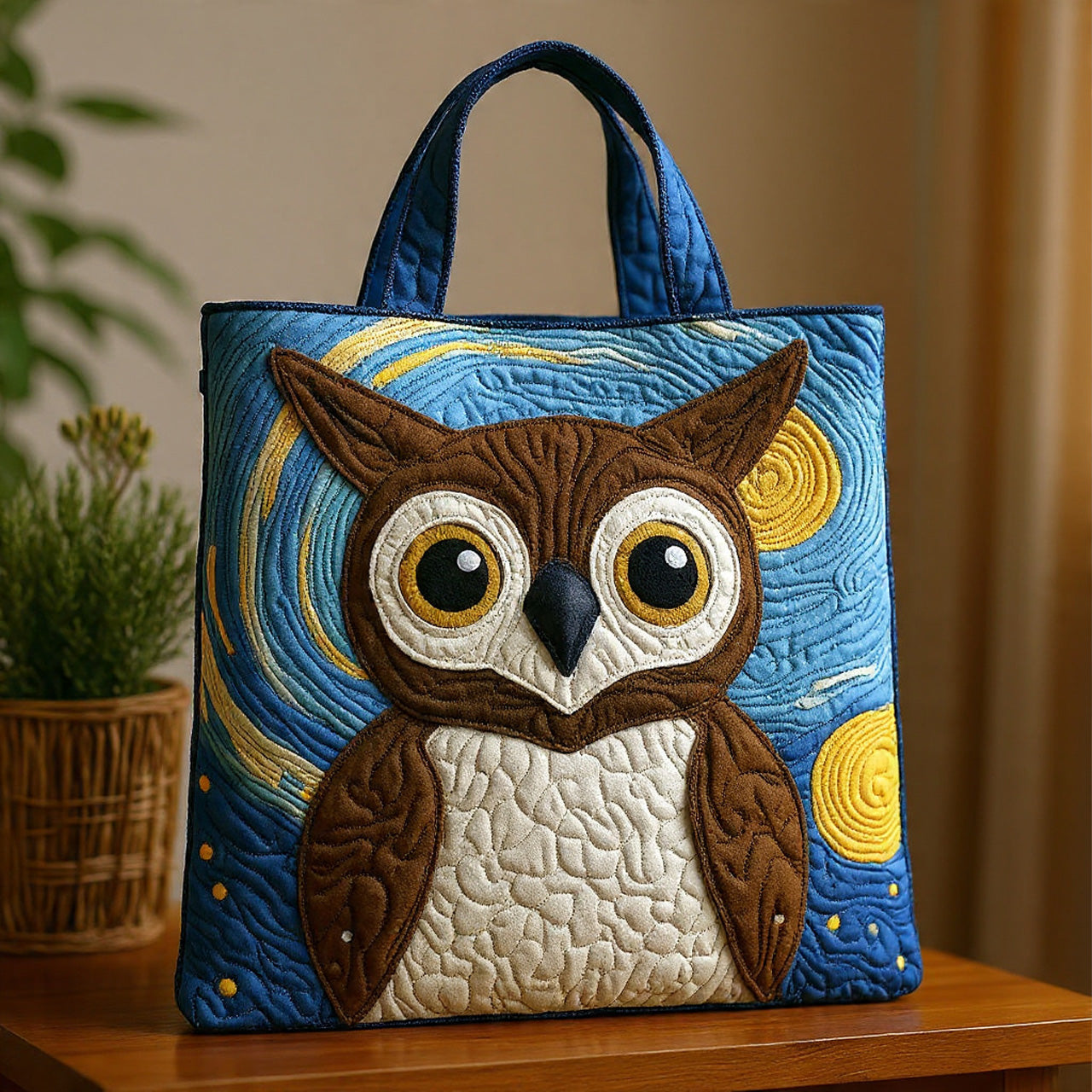 Starry Night Owl Quilted Tote Bag