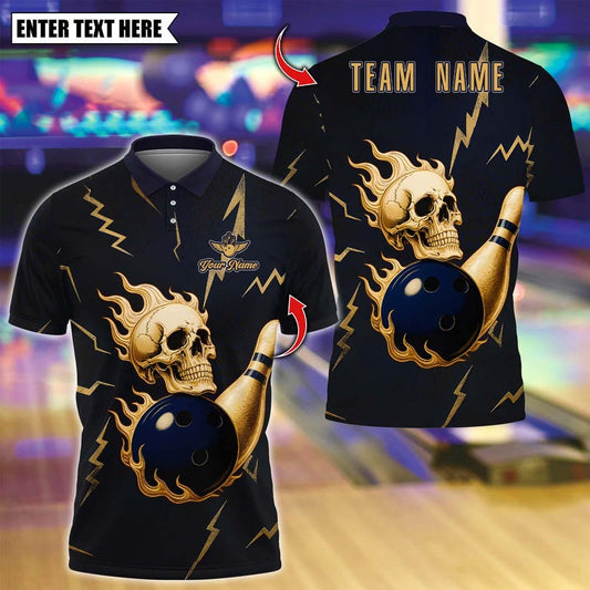 Custom Bowling Polo Shirt, Metal Skull Bowling Design, Personalized Bowling Polo for Men Women, Personalized Name Team 3D Shirt