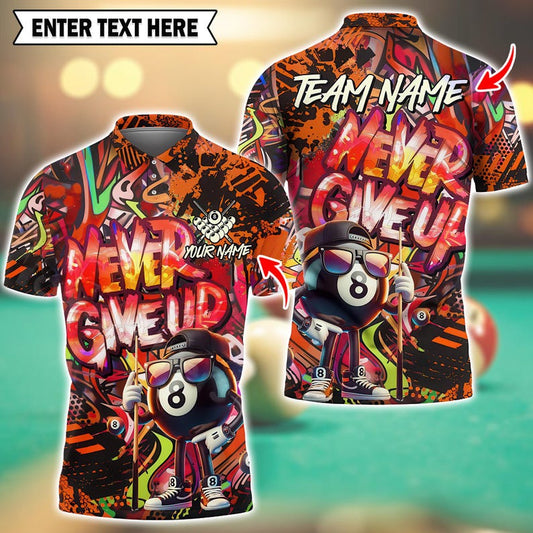 Custom 3D Billiard Polo Shirt, Graffiti 8-Ball "Never Give Up" Design with Personalized Name & Team Name, Team billiard uniform