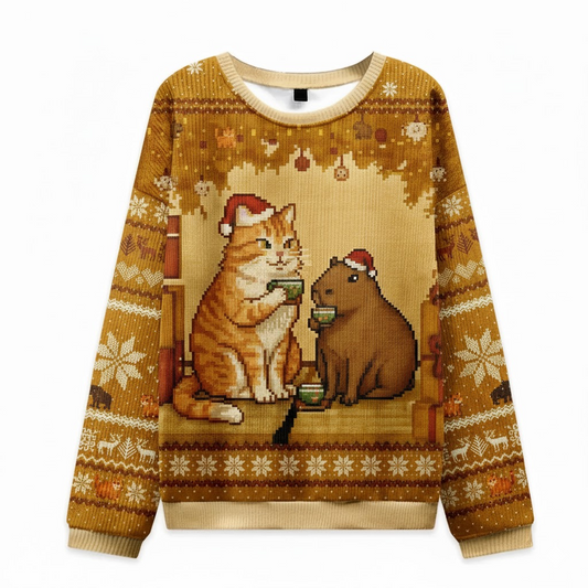 🐱 Cozy Cat & Capybara Sweater – Cute Retro Pixel Christmas Pullover