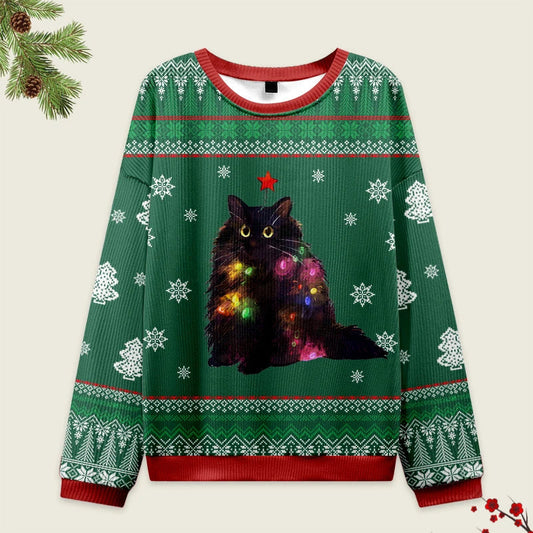 Lights Cat Japanese Green Christmas Ugly Sweatshirt